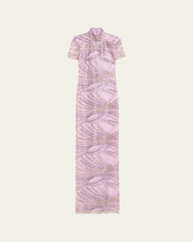 Mock Neck Sequined Column Gown